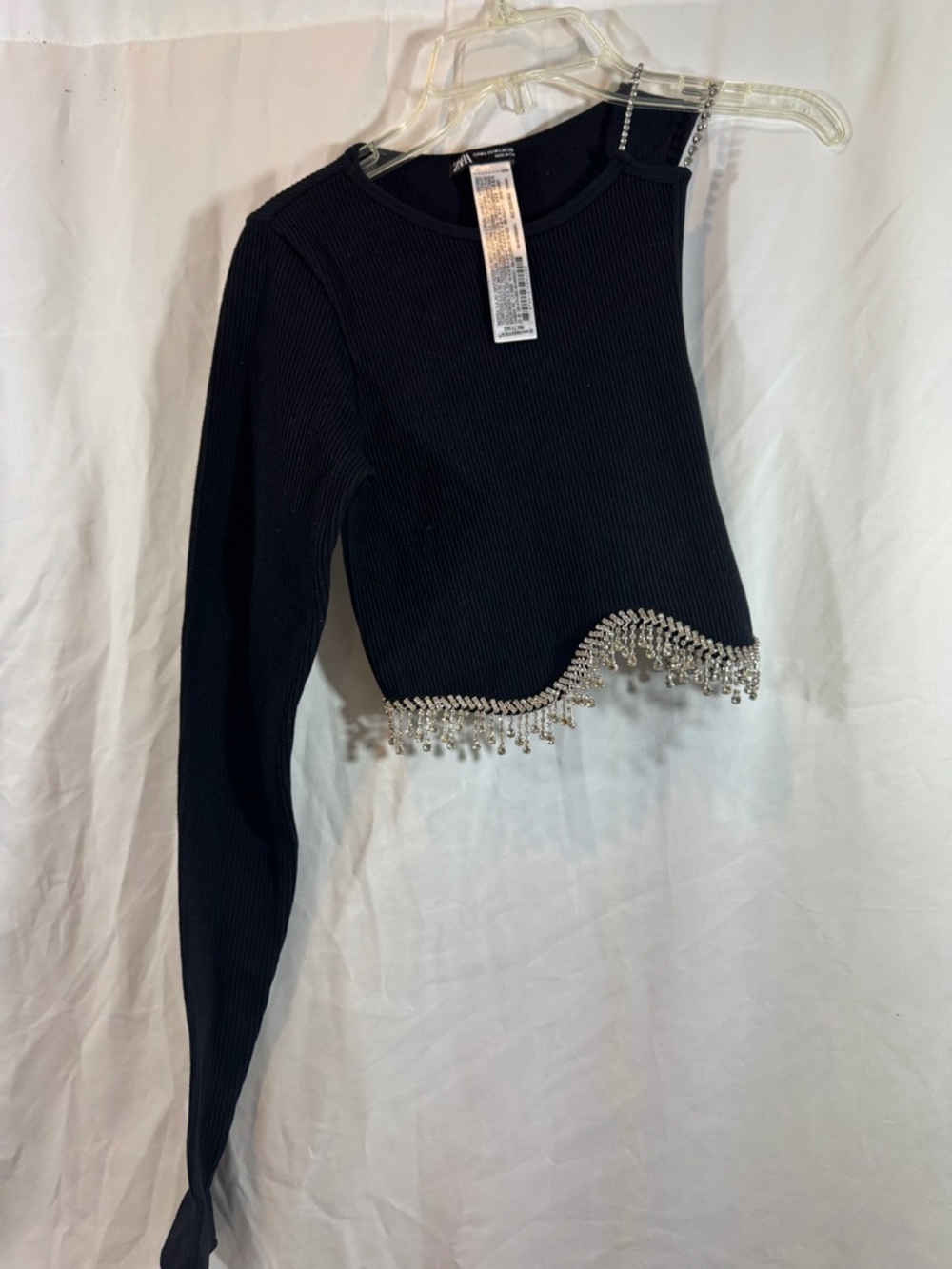 Zara Black Ribbed Long-Sleeve Crop Top with Crystal Hem